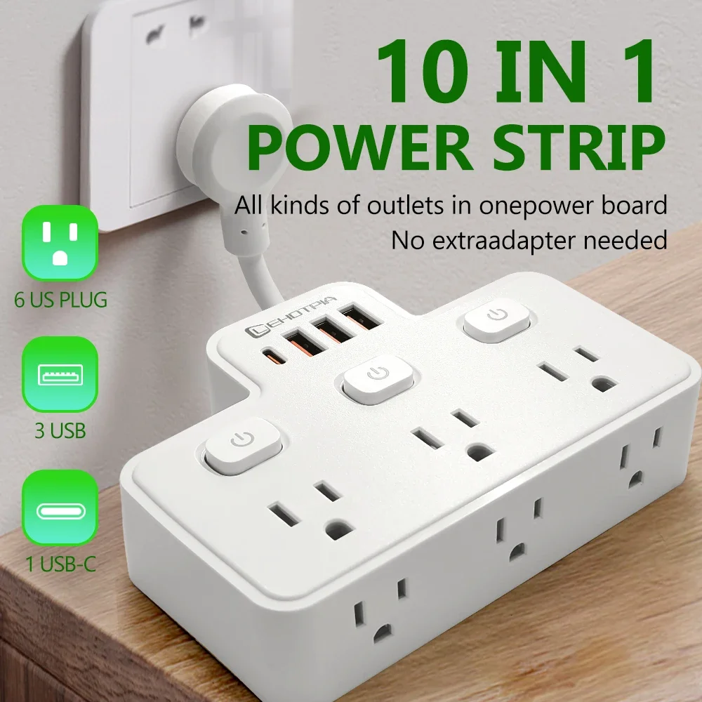 الولايات المتحدة التيار المتناوب قطاع الطاقة الحائط Multitap مفتاح مستقل مقبس الطاقة يتكيف مع منافذ USB نوع C شحن مرشح الشبكة