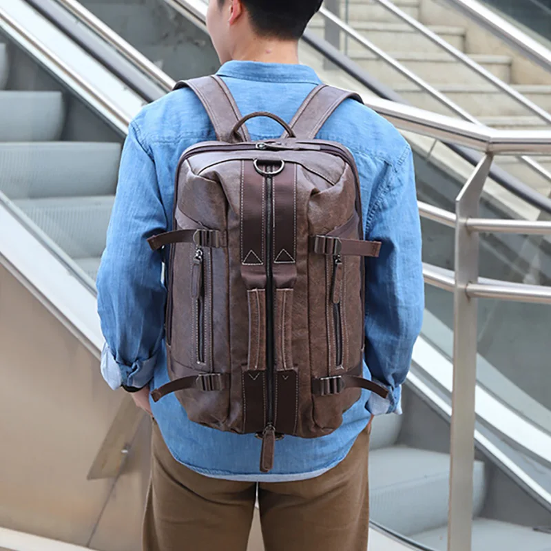 حقيبة ظهر 2026 ذات سعة كبيرة من جلد البولي يوريثان للرجال حقيبة كمبيوتر محمول محمولة بقطري متقاطع حقيبة سفر