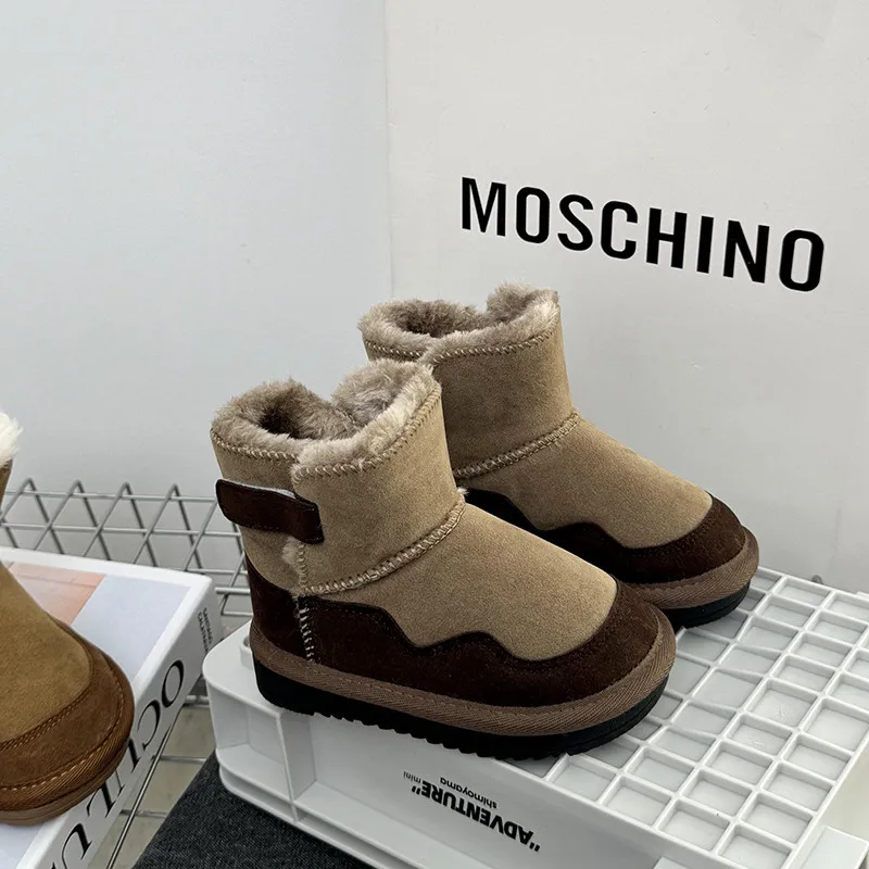 2024 Winter Boots Boys Retro Plush Warm Snow Boots Thick Bottom Anti Slip Girls\' Boots Suede Casual Children Cotton Shoes Bota