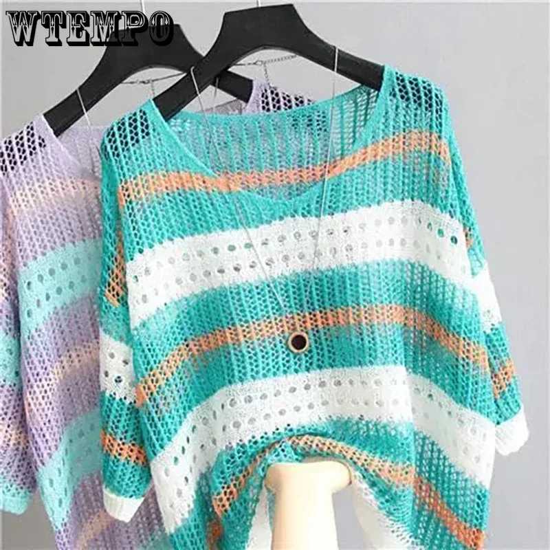 

WTEMPO Colorful Hollow Out Striped Smock Sun Protection Clothing Fashion New Knitwear Women Loose-fitting Thin V-neck Pullovers