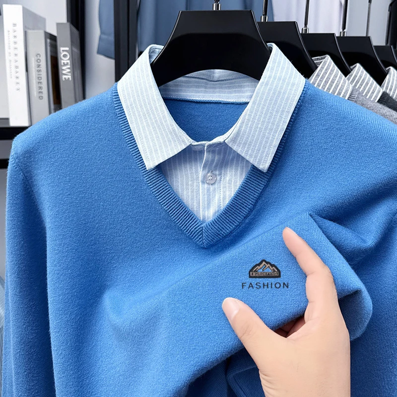 

Мужской искусственный свитер из двух предметов, весенне-осенний стиль, рубашка с воротником, базовая рубашка, новинка 2025 года, вязаный свитер из овечьей шерсти