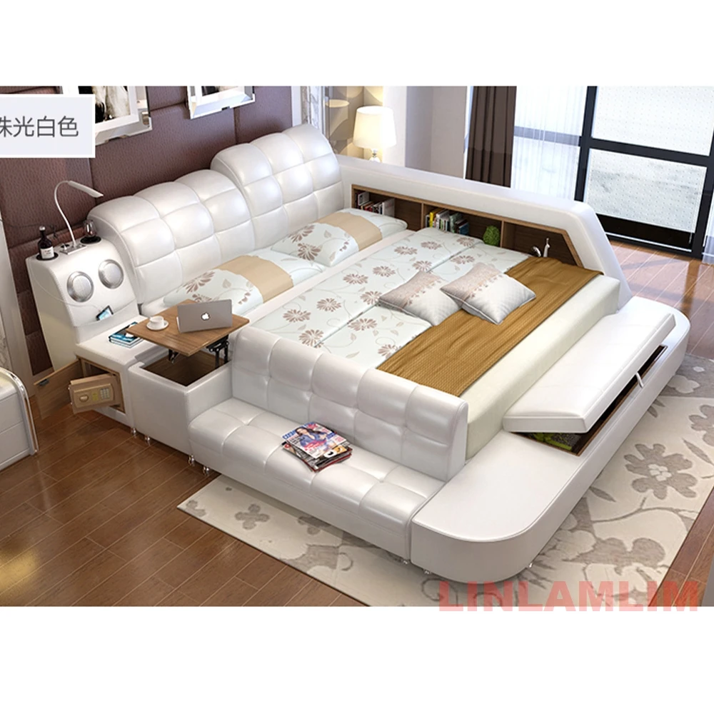 MANBAS TECH SMART ULTIMATE BED | ALL IN ONE BED | Luxury Multifunctional Genuine Leather Bed with Speakers, USB, and Lounge Sofa