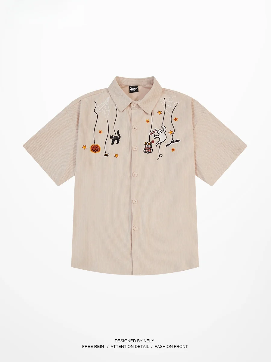 

Halloween Cartoon Embroidery Short Sleeve Casual Shirt Loose Fit American Style Summer Fashion Brand Men's Button up Shirt
