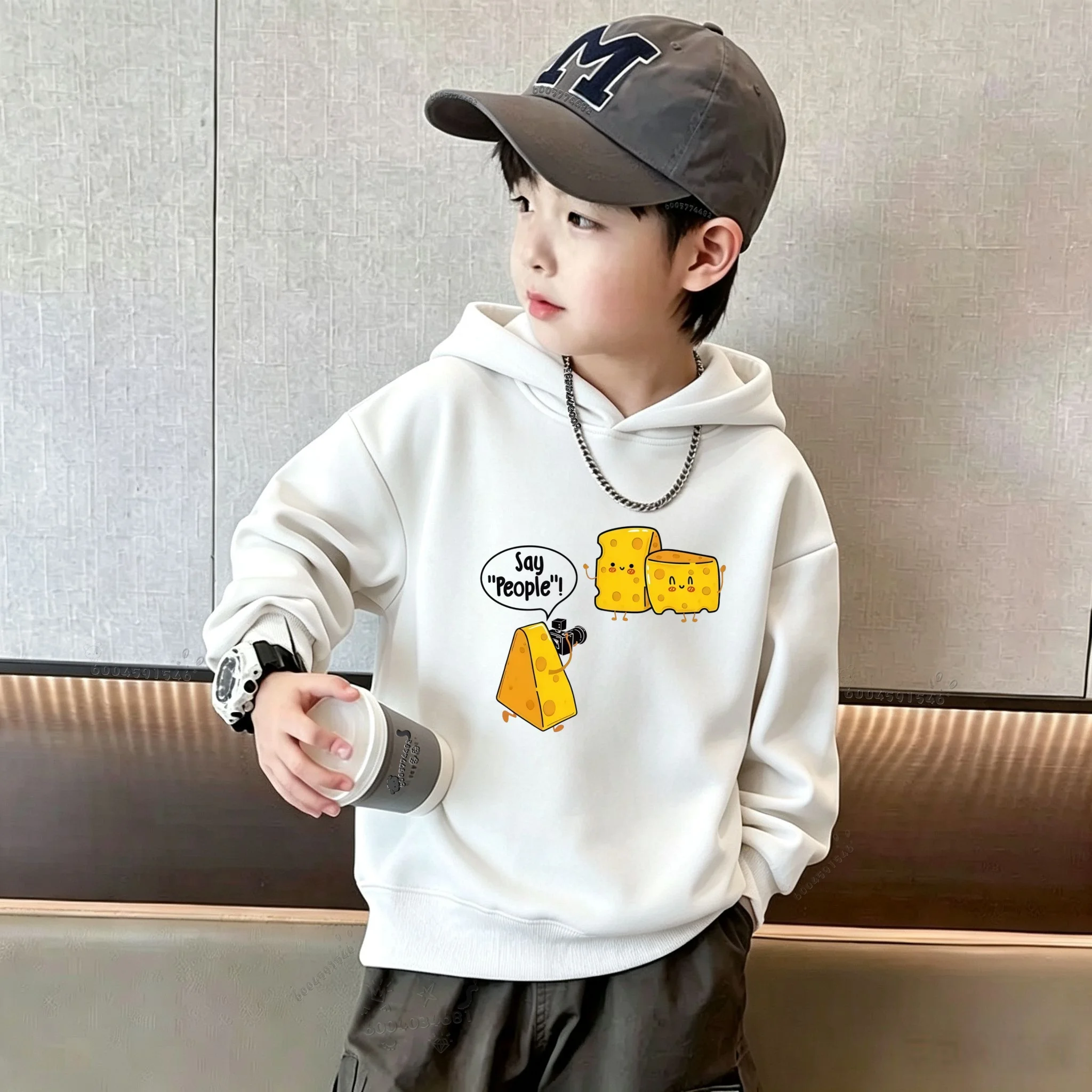Trendy funny cartoon cheese cheese photo fun print oversized children's loose-fitting hooded top for middle school boys