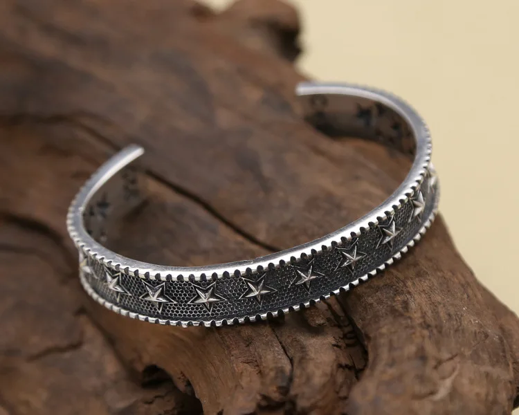 Vintage Star Thai Silver Bracelet Men's Hip Hop Youth Trendy Punk High Block Jewelry 925 Sterling Silver Five Point Star Bracele