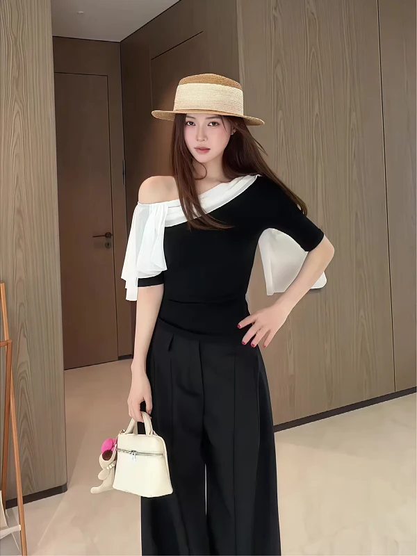 Summer New Style Women's Slim Fit Short Sleeve T-Shirt with Sash Asymmetrical Shoulder Color Block High Waist Line Top