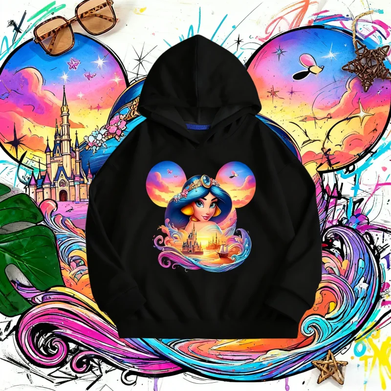 2025 خريف شتاء ديزني طباعة الأطفال عادية بأكمام طويلة مع نمط الياسمين لطيف مناسبة 100% القطن الخالص مطبوعة هوديي #1