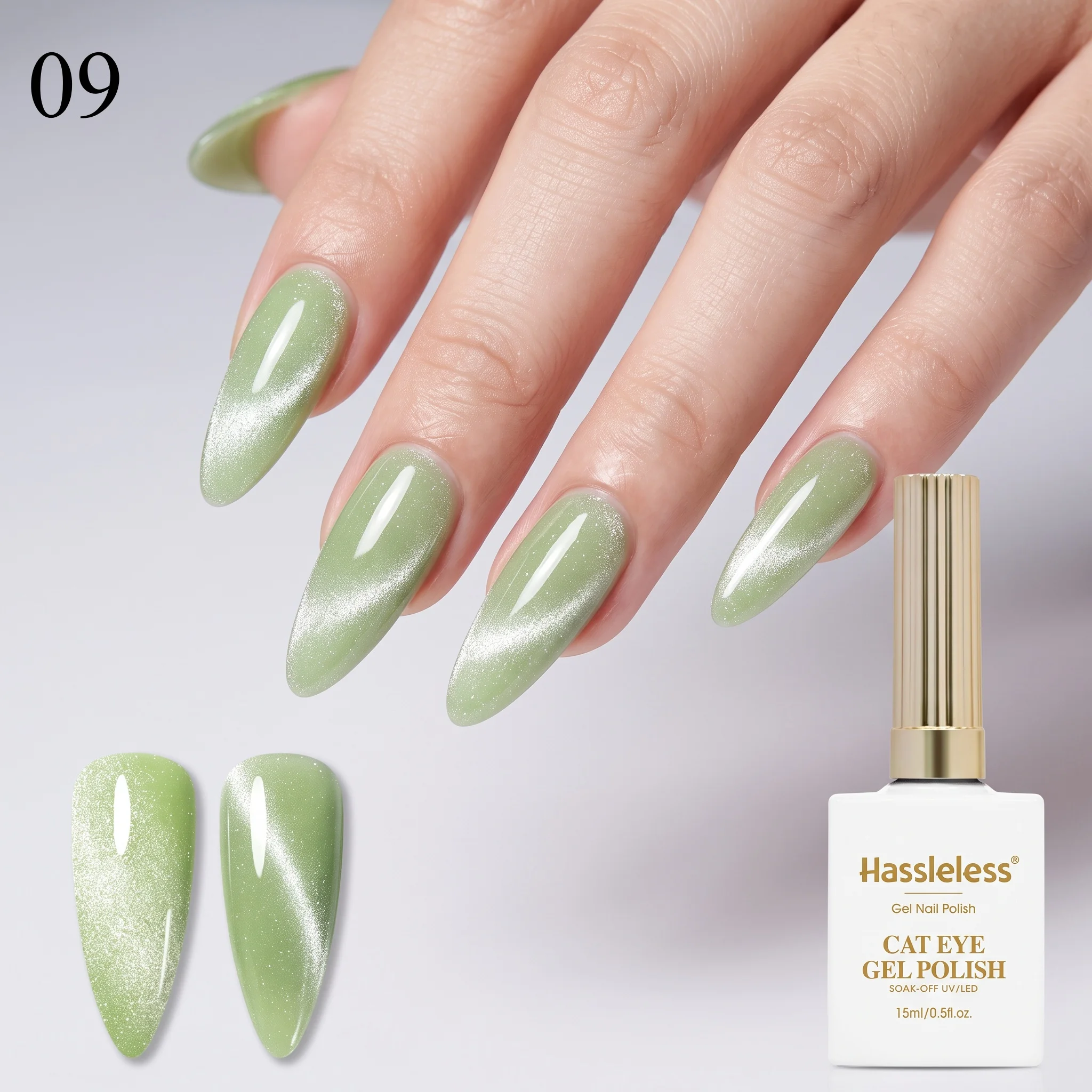 Hassleless Cat Eye Gel Polish is suitable for home and salon manicures, featuring an aurora cat eye effect, and is a colored gel designed for curing and daily use
