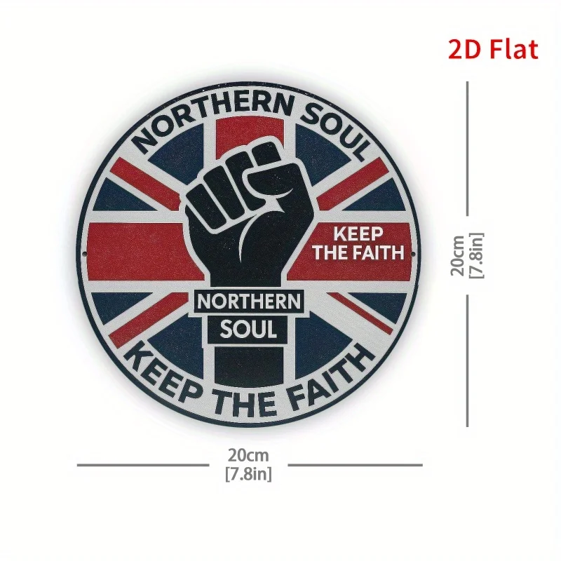 2D Flat, Northern Soul Inspired Metal Wall Art - 19.81cm Round Iron Sign with Inspirational Quote, Red, White & Blue Design for