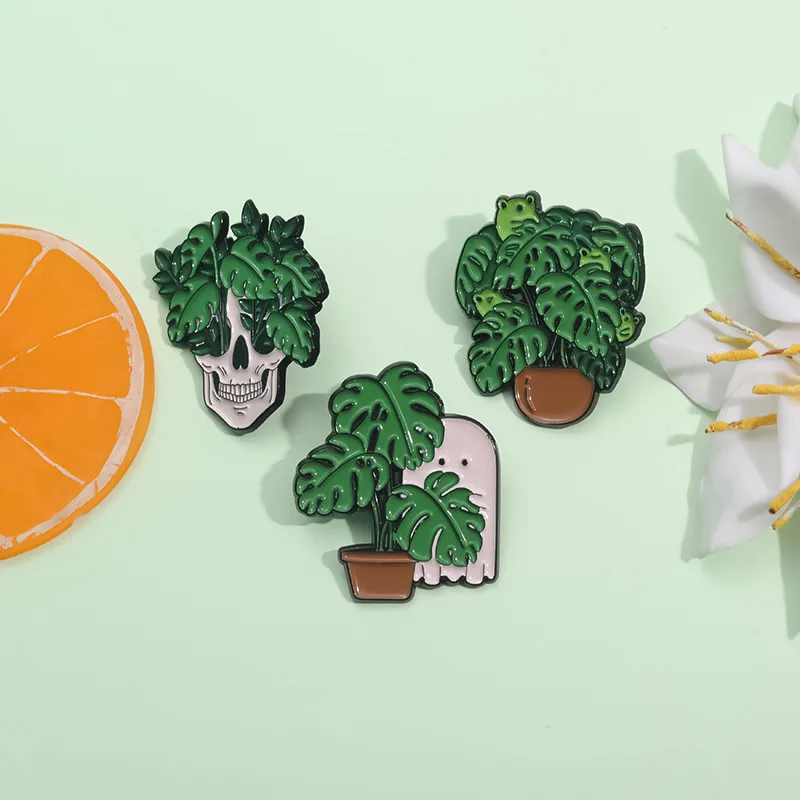 Green Plant Punk Enamel Pin Frog White Ghost Skull Monstera Potted Plant Brooch  Backpack Accessories Metal Badge Halloween Gift