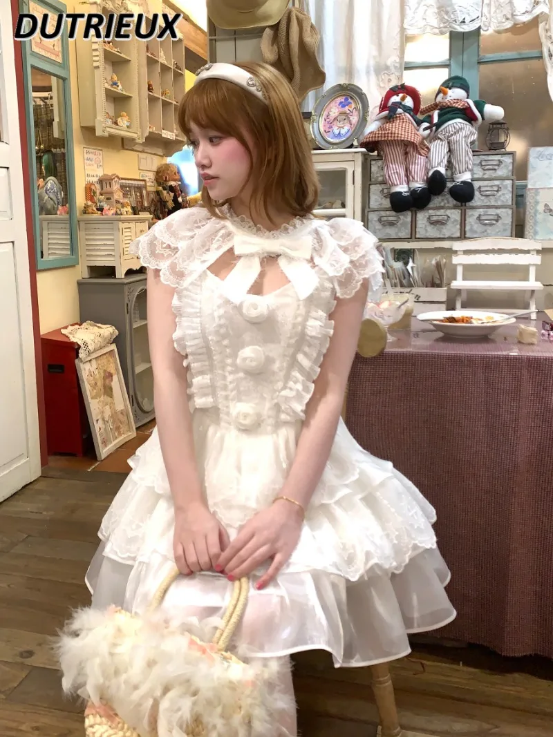 

Summer New High-waisted Slim-fitting Flying Short-sleeved Princess Dress Sweet and Cute Girls Versatile Bow Lace Short Dresses