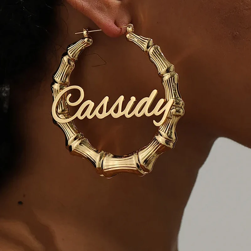 

Custom Name Round Bamboo Earrings 18K Gold Plated Stainless Steel Personalized Hoop Earrings Gift for Her Daily Ear Charm