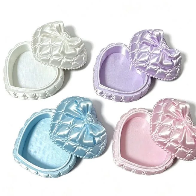 3D Printed Heart Jewelry Box Satin Bow Decor Trinket Storage Box Cute Lolita Style Ring Earrings Organizer Gift Box for Girls