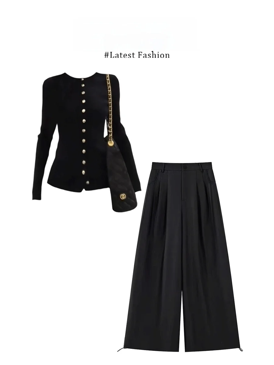 

Parkyeon Small Fragrance Style Long Sleeve Knitted Top with Metal Buckle Casual Straight Leg Pants Autumn Two Piece Set for W...