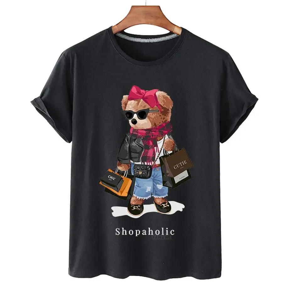 Women Shopaholic Teddy Bear Print Tshirt  Casual Summer Comfortable Character Creative Short Sleeve Fashion Ladie Tops