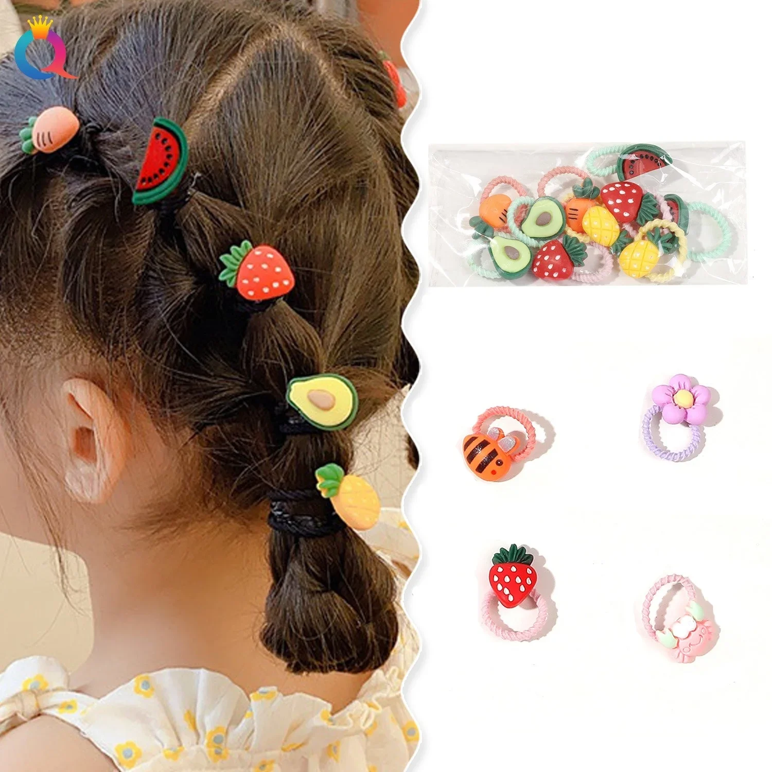 10Pcs Cute Kids Cartoon Hair Bands Mini Fruit Elastic Ties Sweet Flower Design Ponytail Accessories Colorful Hair Rings