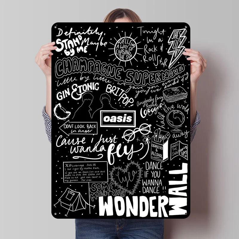 Oasis Band Lyrics and Imagery Printing Poster Customized Retro Wall Art Vintage Metal Signs for Decoration Bedroom Office Decor