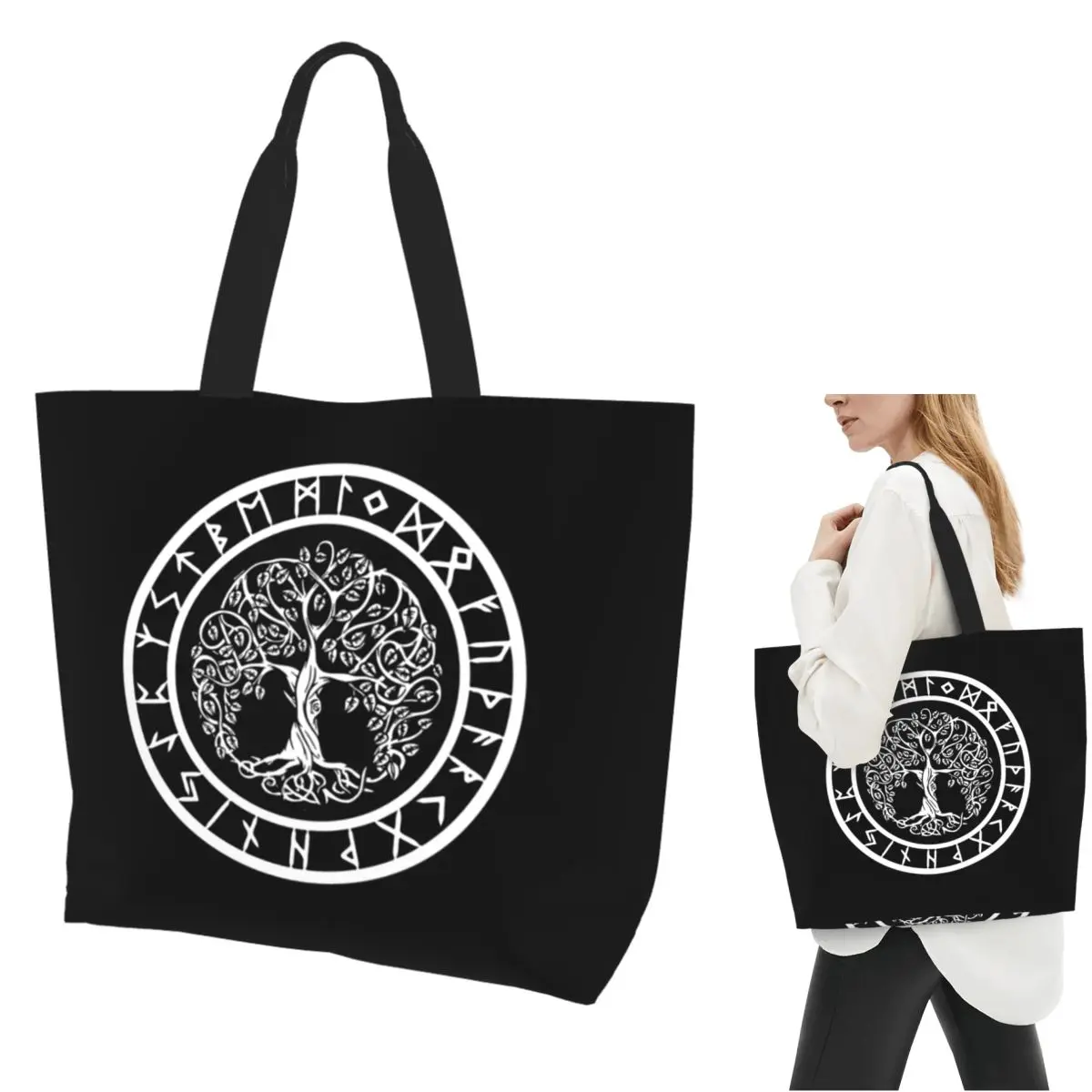 Nordic Viking Scandinavn Odin Symbol Shopping Tote Bag Canvas Large Capacity Shoulder Bags Shopper Grocery Handbag for Women