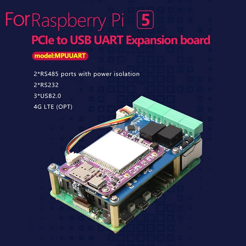 MPUUART Pcie To USB UART HAT+Cooling Fan+Case For Raspberry Pi 5 RS485 ISO RS232 USB2.0 4G LTE Module Durable