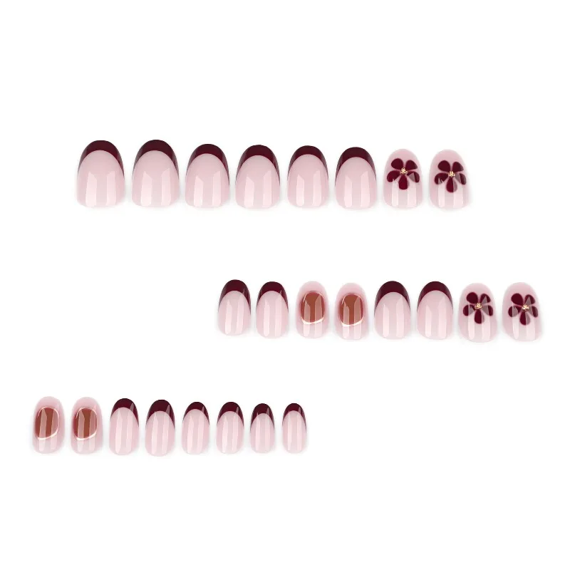 24 قطعة قصيرة مستديرة عصا على الأظافر الفرنسية الأظافر كاذبة النساء زهرة السحر الذاتي مسمار اضغط على الأظافر مع أدوات مجموعة الأظافر الاصطناعية
