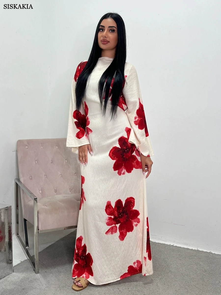 

Siskakia Muslim Floral Print Maxi Abayas Tunic Dresses For Women Gala Long kaftan Dubai Luxury