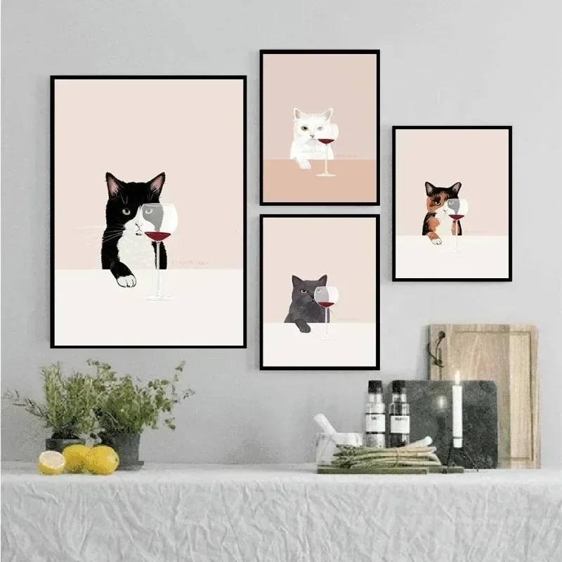 1pc frameless Canvas Painting Canvas Painting Funny Cat Poster White Cats Taste Red Wine Cat Lover Gifts Kitchen Wall Art Pictur