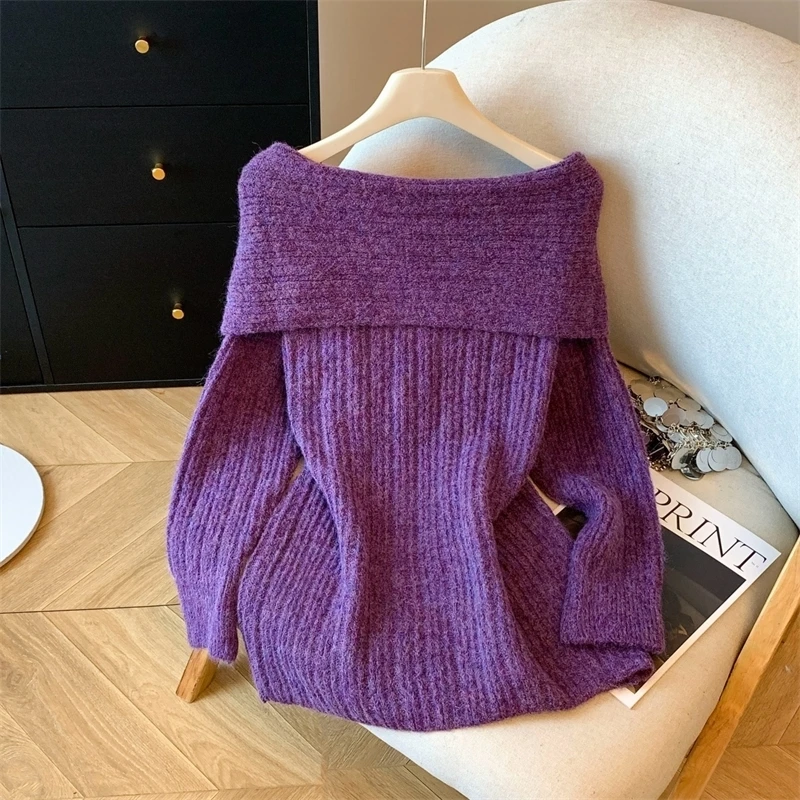 XFPV الحلو نمط طويلة الأكمام مائل الرقبة الدافئة محبوك سترة لينة المرأة شتاء جديد البلوز التخسيس الأرجواني البلوز 22D3409 #5