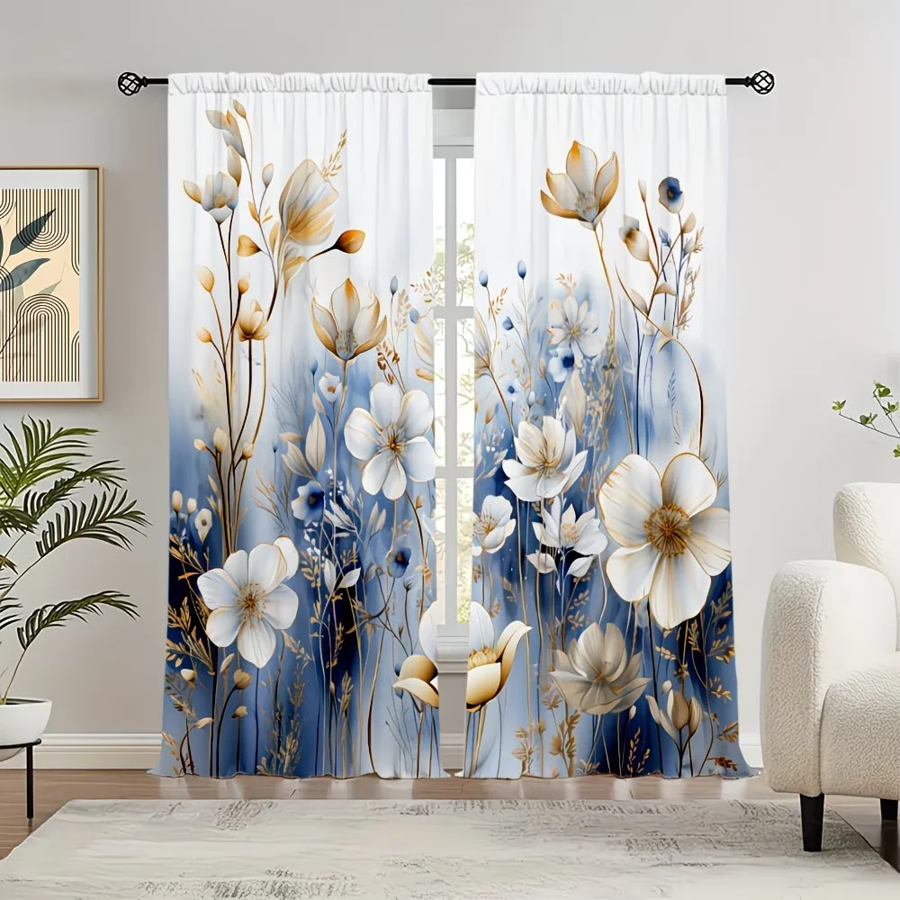 

2Pcs Curtains White Flower Printed Window Drapes for Bedroom Room Decor Decoration Window Treatment.