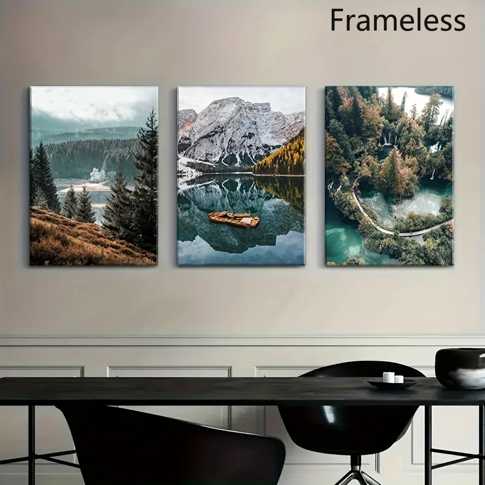 2D Flat, 2D Flat, 3pcs Frameless Scandinavian Landscape Canvas Art Prints - Serene Mountain, Forest, And Lake Scenes with Row