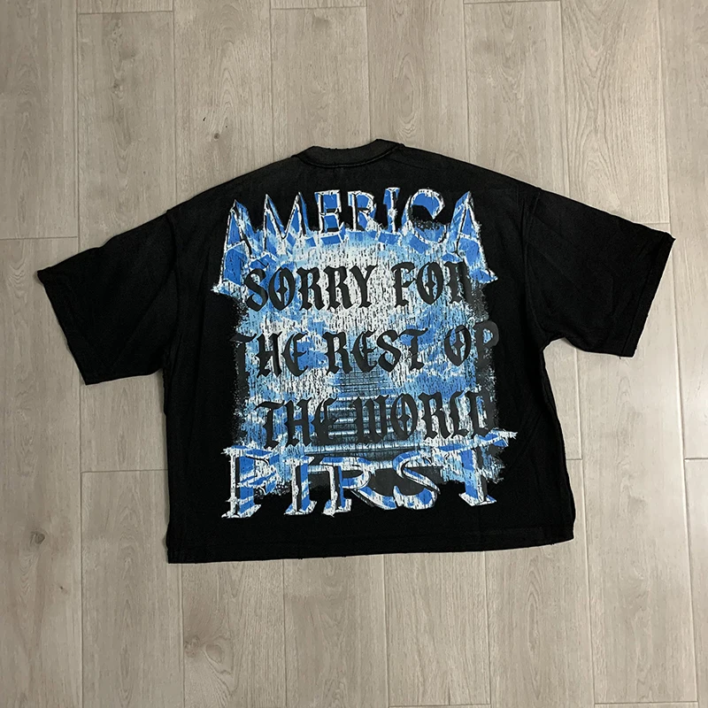 RARE PEACE T-Shirt Vintage High Street Rhinestone Graphic Print Oversized Washed Distressed Short Sleeve Hip Hop Top Men