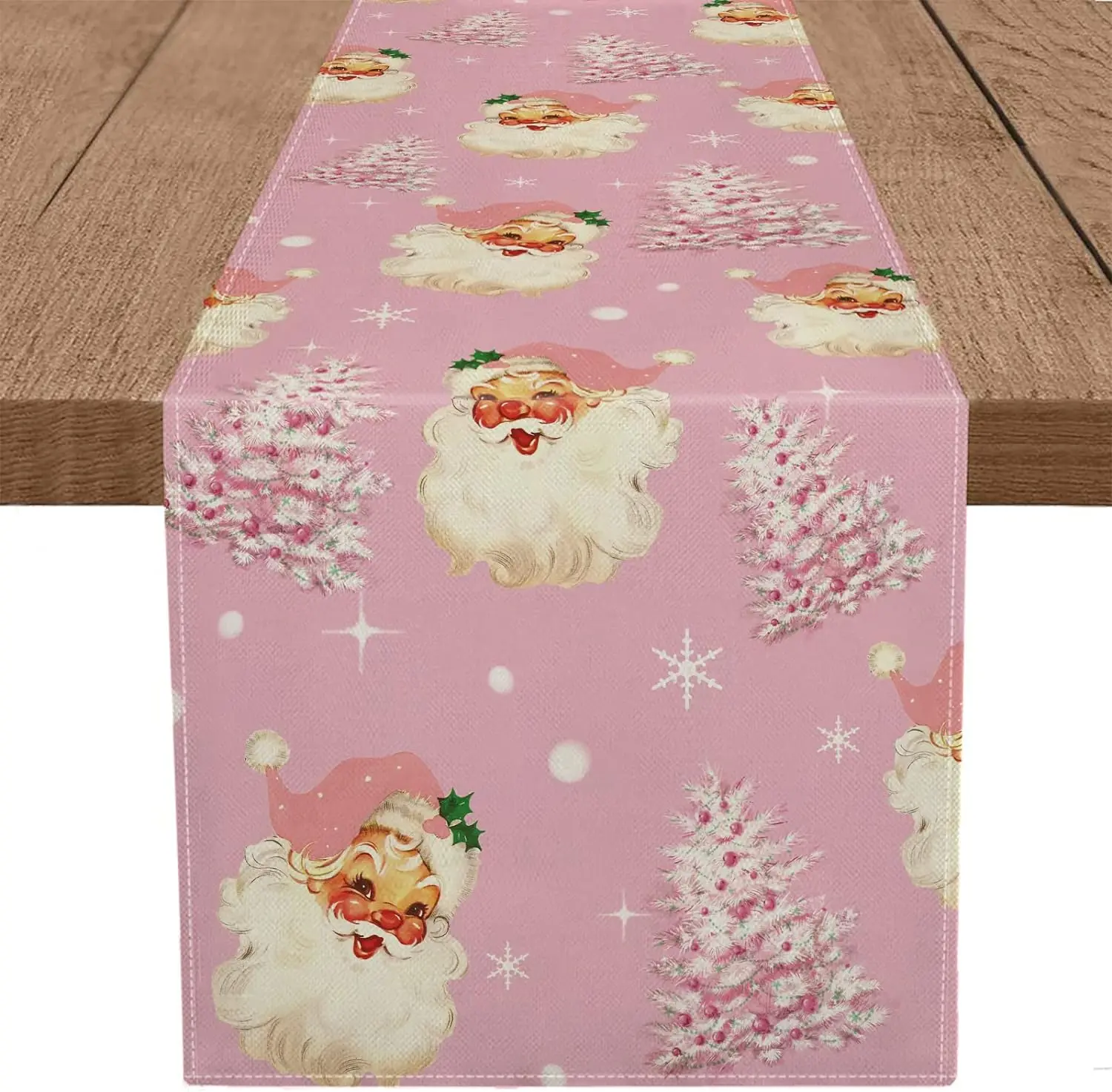 

Christmas Table Runner Santa Claus Merry Christmas Tree Snowflake Pink Long Runners Winter Xmas Home Kitchen Dining Party Decor