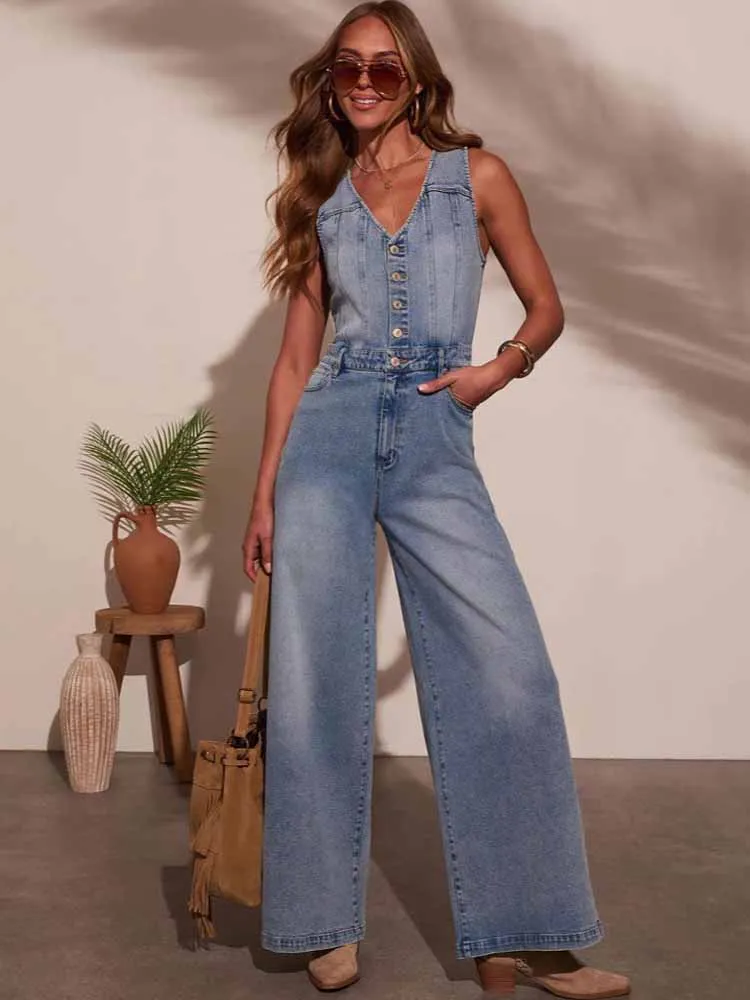 

BKQU Casual V-neck Sleeveless Denim Jumpsuit Women's High Street Chic Single Breasted Wide Leg Pants Rompers Female Overall 2025