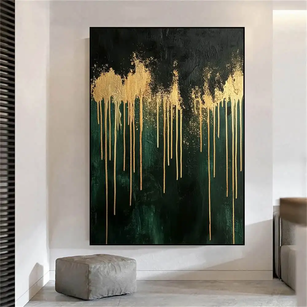 Light Luxury, High-End Feel, Green Flowing Gold Abstract, Pure Hand-Painted Oil Painting On Canvas Wall Art, Home Decoration