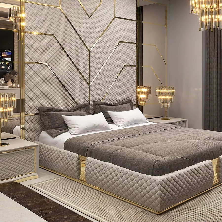 

Chicasa Wooden King Size Double Bed Modern Luxury Bedroom Leather King Queen Size Bed