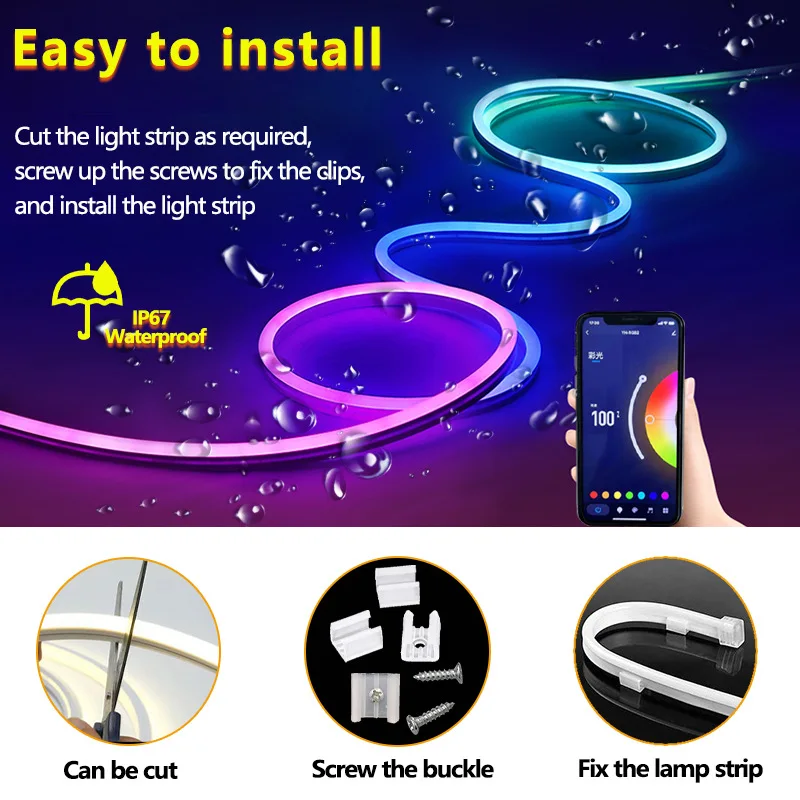 1M 2M 3M DC5V USB RGBIC Neon LED Strip Light WS2812 Waterproof Neon Tape Bluetooth Control For Room Christmas Decor Fairy Light