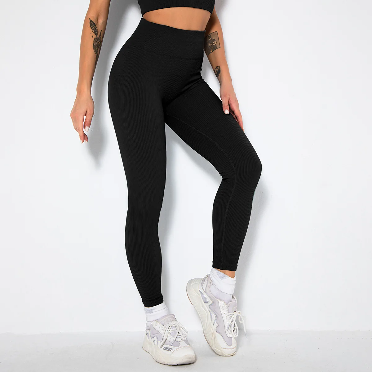 Kobiety bezszwowe legginsy w paski do jogi spodnie treningowe Fitness prążkowana siłownia spodnie sportowe nylonowa elastyczna odzież sportowa Drop Shipping