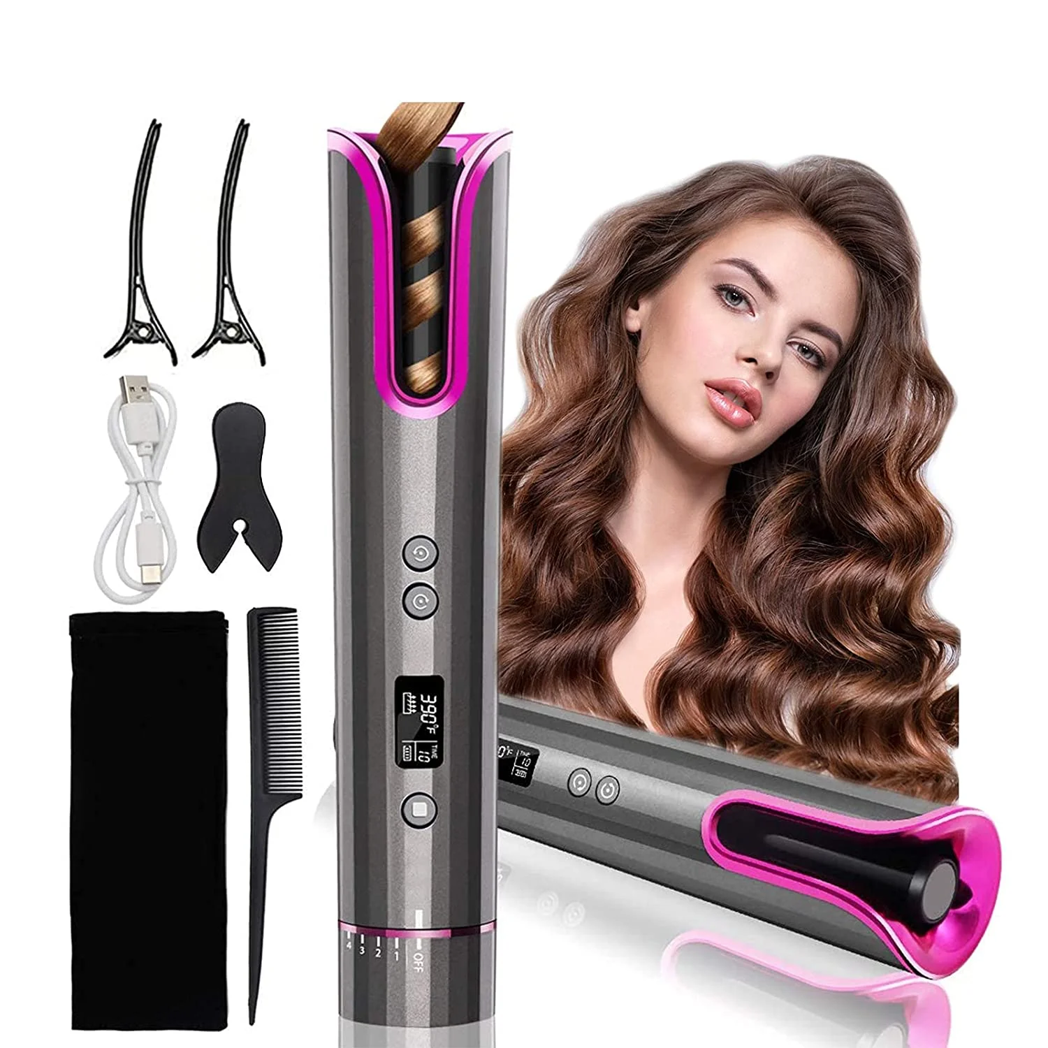 

Automatic Curling Iron with 4 Adjustable Temperature, Portable Cordless Curling Iron & LCD Display , Full Anti-Scalding