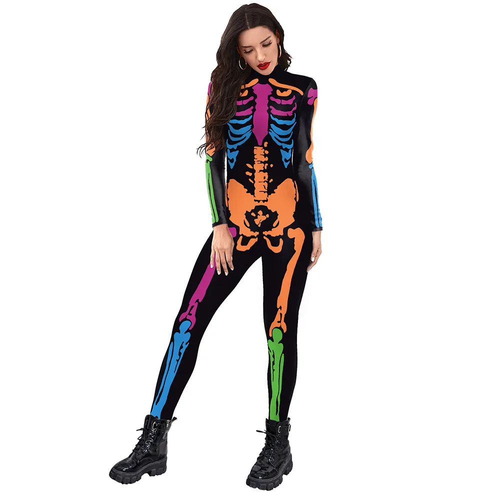 

3D Colorful Skeleton Printed Bodysuit Role Play Costume Halloween Holiday Suit Carnival Party Coverall Stretchy Jumpsuit