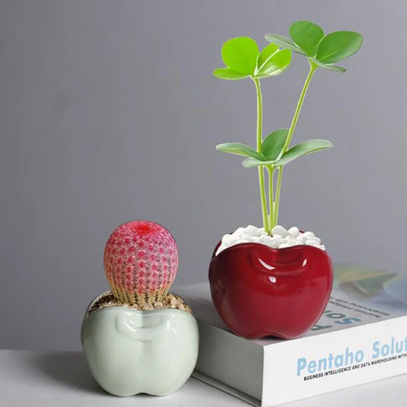 Porcelain Succulent Plant Pot Apple Green Plant Pot Creative Desktop Bonsai Vase with A Hole Gardening Planter Home Decor