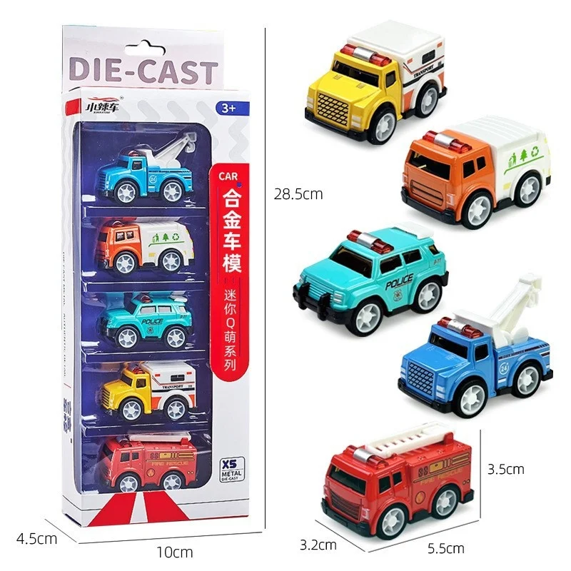 5PCS Alloy Aircraft Engineering Vehicle Sports Car Model Simulation Mini Sliding Fire Police Model Children Toy Car Package