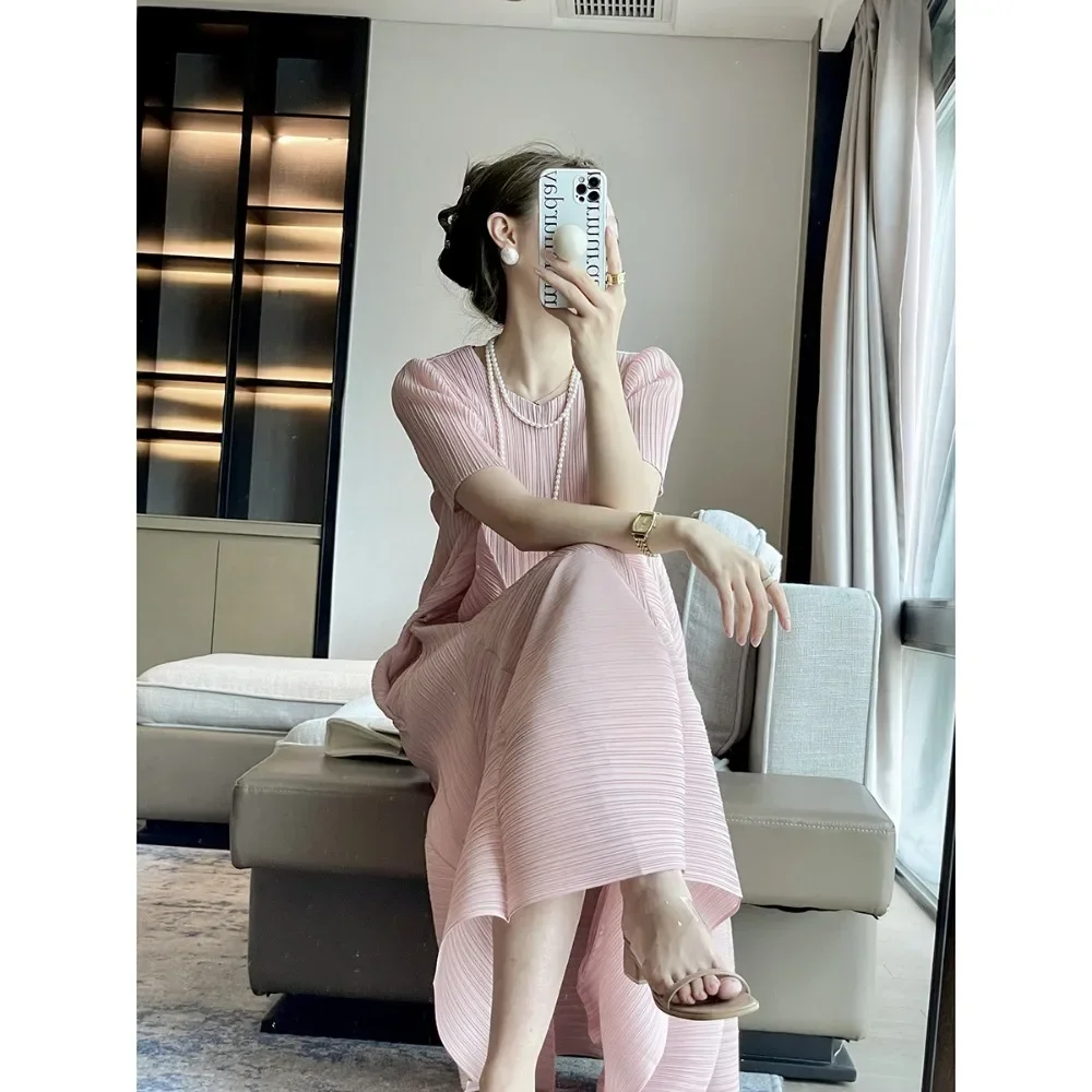 Pleats Pleated Summer New Commuter French Women\'s Simple Temperament Elegant Bud Dress Loose Casual Plus Size Long Dresses