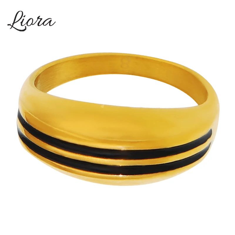 Liora Black Enamel Stripe Rings For Women Men Fashion Stainless Steel Unisex Charm Statement Rings Fashion Waterproof Jewelry