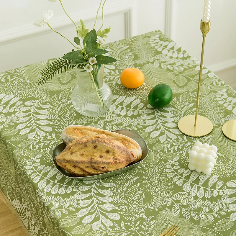 Cotton Linen Waterproof  Tablecloth,Green plant design Dust-Proof Table Cover,For Dinning Birthday Party Tabletop Decoration