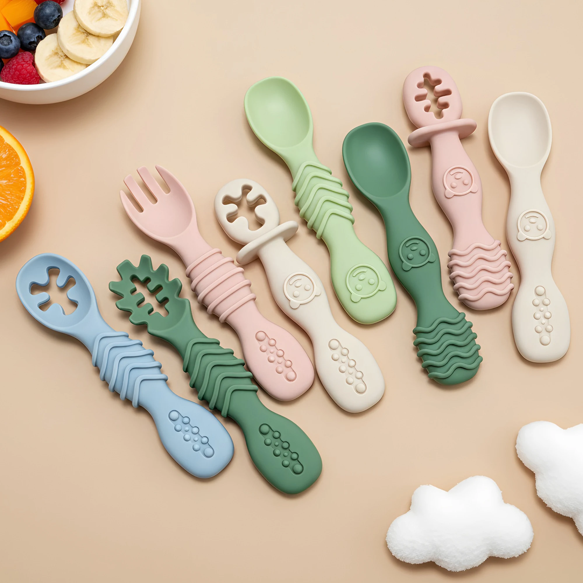 2pcs Baby Feeding Tableware Set, Wavy Texture, Anti-Slip Easy-Grip, Baby-Oriented Design, Great Baby Shower Gift