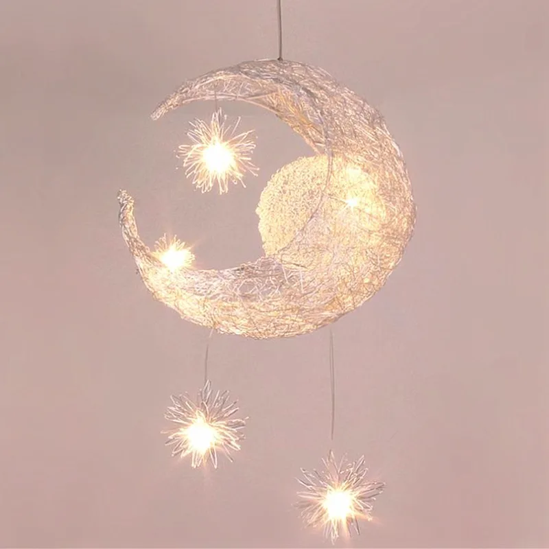 

Postmodern Moon Star Pendant Light Aluminum Wire Restaurant Creativity Coffee Tea House Bedroom Study Living Room Entrance Lamps