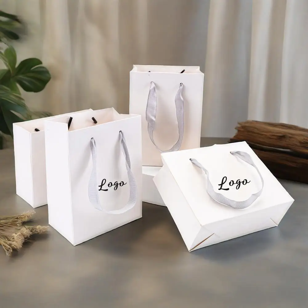 

Luxury White Gift Tote Bags With Grey Ribbon 15x12x6cm Custom Logo Bouquet Flower Paper Shopping Bag Handle Jewelry Container