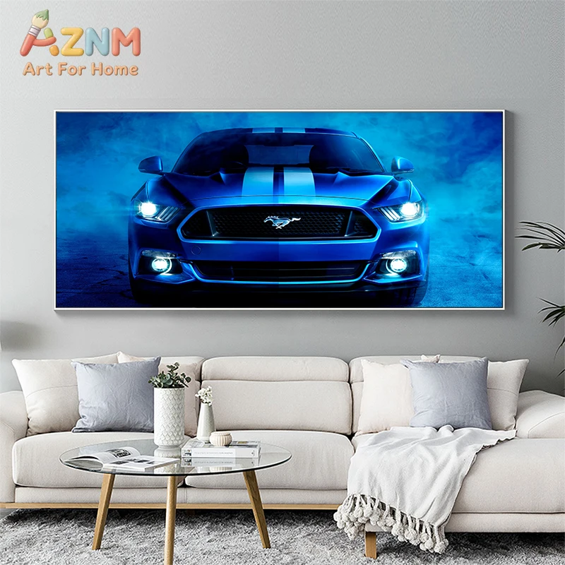 

AZNM Blue Ford Mustang Wall Art Print, Single Unframed Canvas Poster, Featuring Sleek Blue Ford Mustang with White Racing Stripe