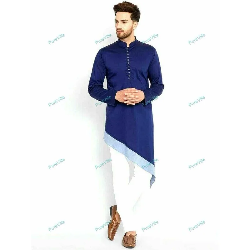 

Men's Kurta Blue Cotton Men's Shirt Long Fashion Kurta Handmade Shirt