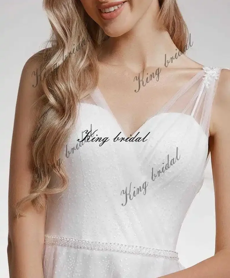 Brautkleider, drapiertes, individuelles Brautkleid, individuelles glitzerndes, gepunktetes Tüll-Hochzeitskleid, glitzernde Tüll-Hochzeitskleider, elegantes Korsett