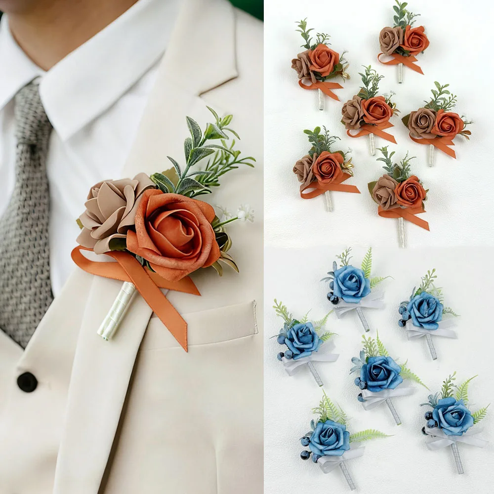 

YeeNanee 6pcs Burnt Orange Blue Foam Rose Boutonnieres with Pin for Men Wedding Groom Groomsmen Ceremony Party Prom Suit Flowers